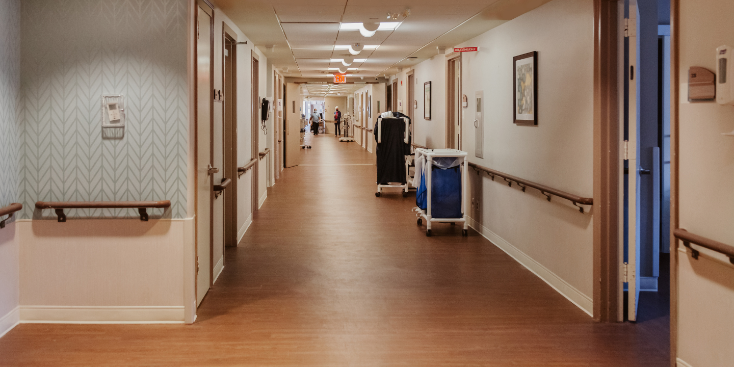 Photo of the hallway of one floor of the Methodist Home for Nursing and Rehabilitation in Bronx, NY.