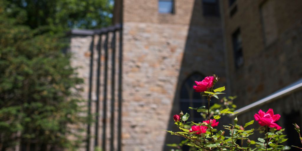 Photo of the exterior of the historic Methodist Home for Nursing and Rehabilitation in the Bronx, with pretty pink flowers blooming in the foreground.